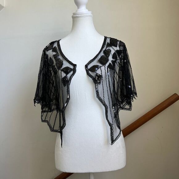 Sheer black beaded fishnet cape shawl topper Rachel Zoe flapper whimsygoth - Picture 9 of 9